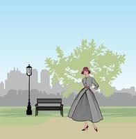 Retro-Mode gekleidete Frau im Stil der 1950er Jahre im Stil der 1960er Jahre in der Stadtparklandschaft. stilvolle junge dame in vintage-kleidung im frühlingsstadtgarten. Frühlingsmode-Silhouette der 60er Jahre. park stadtbild skyline. vektor