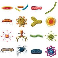 virus bakterier ikoner set, tecknad stil vektor
