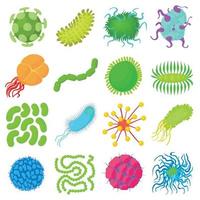 virus bakterier bildar ikoner set, tecknad stil vektor