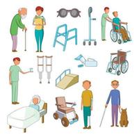 Menschen mit Behinderung Pflege Symbole gesetzt, Cartoon-Stil vektor