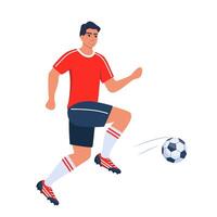 man, fotboll spelare. kille löpning, sparkar boll på sport fält. aktiva man i sportkläder spelar fotboll, Träning. friska aktivitet. illustration. vektor