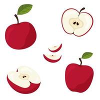 uppsättning av rött äpple. skivat äpple isolerad på vit bakgrund. röda äpplen, äppelbitar, skivade äpplen vektor