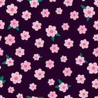 nahtloses muster der niedlichen rosa blumen. Vektor endloser dunkelroter Hintergrund mit Sakura-Blüte. frühlingsdesign mit flachen floralen elementen