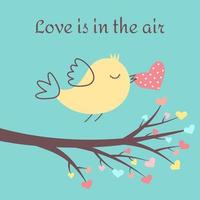 süßer vogel mit herz im schnabel und zweig mit herzförmigen blättern. Liebe liegt in der Luft. Valentinstag-Konzept. vektor