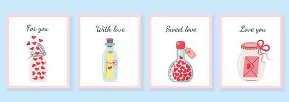 valentinstag-grußkarten mit gläsern und flaschen, herzen und buchstaben im inneren. süße Liebesbeschriftung. vektor
