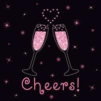 två gnistrande glas champagne med rosa glitter och hjärtformat stänk. heja bokstäver. mörk bakgrund med stjärnljus. vektor