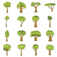 gröna träd ikoner set, tecknad stil vektor