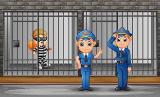 Gefangener im Gefängnis, der von Gefängniswärtern bewacht wird vektor