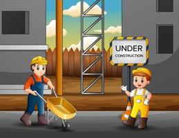 Illustration von Bauarbeitern auf einer Baustelle vektor