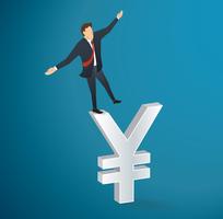 Geschäftsmann oder Mann zu Fuß in Balance auf Yen-Dollar-Symbol Vektor
