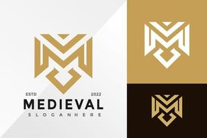gyllene bokstaven m medeltida logotyp design vektor illustration mall