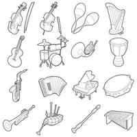 Symbole für Musikinstrumente gesetzt, Umrisskarikatur vektor