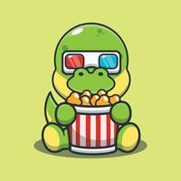 süßer dino, der popcorn isst und 3d-film-cartoon-vektorillustration sieht. vektor