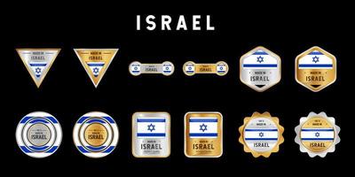 made in israel label, stempel, abzeichen oder logo. mit der Nationalflagge von Israel. auf Platin-, Gold- und Silberfarben. Premium- und Luxus-Emblem vektor