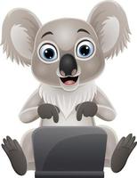 tecknad rolig baby koala med laptop vektor