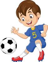 tecknad liten pojke spelar fotboll vektor
