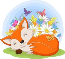 söt baby räv som sover i gräset bland blommorna vektor