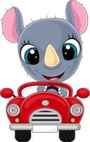 Cartoon-Baby-Nashorn, das rotes Auto fährt vektor