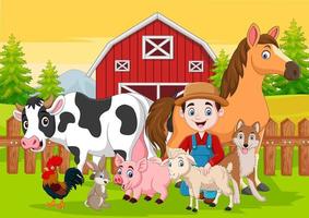 tecknad bonde och husdjur i ladugården
