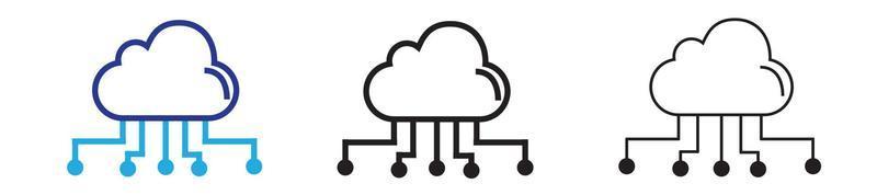 Cloud-Computing-Symbol in verschiedenen Stilvektorillustrationen. Zwei farbige und schwarze Cloud-Computing-Vektorsymbole, die in Füll-, Umriss-, Linien- und Strichstil gestaltet sind, können für Web, Mobile, ui verwendet werden vektor