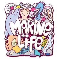 söta marina livet typografi och havsdjur doodle bakgrund vektor