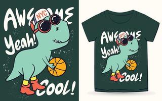 handritad cool dino basketspelare för t-shirt vektor