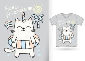 hand gezeichnetes süßes katzen-einhorn für t-shirt vektor