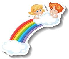 zwei kleine Amoretten auf Regenbogen im Cartoon-Stil vektor