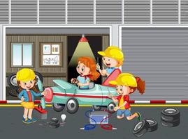 Kinder reparieren gemeinsam ein Auto in der Garage vektor