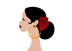 schöne spanische lateinische Frau des Porträts, Frisuren für Flamencomädchen mit dem großen Chignon, der rote Rosenblume und -ohrringe trägt, Vektor lokalisiert auf weißem Hintergrund