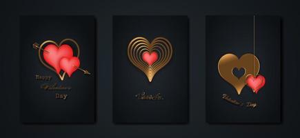 Happy Valentinstag Vektor-Set-Grußkarte. Gold und rote Herzen auf schwarzem Hintergrund. goldenes feiertagsplakat mit text, juwelen. konzept für valentinstagbanner, flyer, partyeinladung, geschenkladenkarten vektor