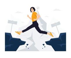 affärskvinna hoppa genom klyftan mellan kullehoppning över klippa till över hinder för framgång, övervinna utmaning, karriärmotivationskonceptillustration vektor