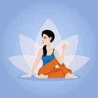 asiatisk ung flicka träning yoga asana bhadrasana för välbefinnande sittande på golvet. flygblad med lotous bakgrund vektor