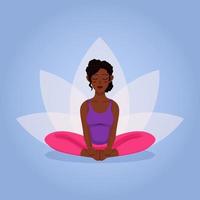 dunkle Haut junges Mädchen trainiert Yoga Asana Bhadrasana für Wellness auf dem Boden sitzend mit Lotoshintergrund vektor