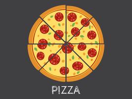 Vector die ganze Illustration und Scheibenpizza, die auf schwarzem Hintergrund lokalisiert werden