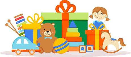 Spielzeug auf dem Hintergrund von Geschenkboxen. Geburtstagsgeschenke. Bunte Schachteln mit Geschenken. Teddybär, Puppe, Auto, Ball, Pferd, Pyramide, Würfel, Ksilofon. plakat, banner, karte für geschäft, geschäft. vektor