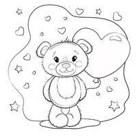 süßer teddybär mit einem luftballon in herzform. Teddybär auf weißem Hintergrund mit Herzen. Vektor-Illustration - Malbuch zum Valentinstag oder Geburtstag. vektor