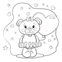 süßes teddybärenmädchen in einem kleid mit einem ballon in herzform. Teddybär auf weißem Hintergrund mit Herzen. Vektor-Illustration - Malbuch zum Valentinstag oder Geburtstag. vektor