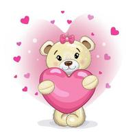 süßes teddybärmädchen mit einem rosa hören in ihren pfoten. Teddybär auf einem rosa Hintergrund mit Herzen. vektorkarikaturillustration für valentinstag oder geburtstag. vektor