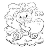 söt nallebjörn flicka med en höra i hennes tassar. nallebjörn på molnbakgrund med stjärnor. vektor tecknad kontur illustration för alla hjärtans dag eller födelsedag.