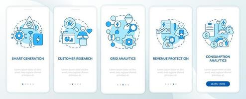 Möglichkeiten des Smart Grid Blue Onboarding Mobile App Screen. Vorteile Komplettlösung 5 Schritte grafische Anleitungsseiten mit linearen Konzepten. ui, ux, gui-Vorlage. Unzählige pro-fette, normale Schriftarten werden verwendet vektor