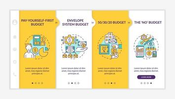Budget nähert sich der gelben Onboarding-Vorlage. finanzielle Planung. Responsive mobile Website mit linearen Konzeptsymbolen. Webseiten-Komplettlösung 4-Schritt-Bildschirme. lato-fett, normale Schriftarten verwendet vektor