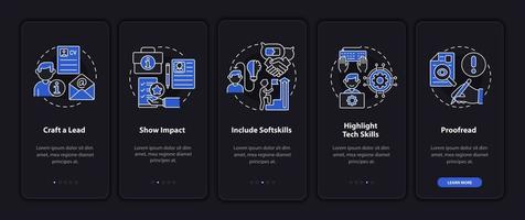 skriva cv mörk onboarding mobil app sidskärm. genomgång 5 steg grafiska instruktioner med koncept. meritförteckning. ui, ux, gui vektormall med linjära nattlägesillustrationer vektor