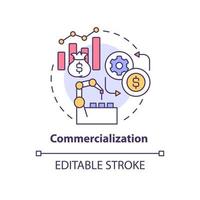 Symbol für das Kommerzialisierungskonzept. Technologie Monetarisierung. Geld machen. neues produkt auf den markt bringen abstrakte idee dünne linie illustration. Vektor isolierte Umrissfarbe Zeichnung. editierbarer Strich