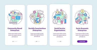 fokus på socialt entreprenörskap på sidan för mobilappar. social business genomgång 4 steg grafiska instruktioner med koncept. ui, ux, gui vektormall med linjära färgillustrationer vektor