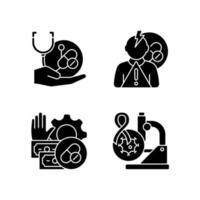 Drogen-Potenz-Studien schwarze Glyphen-Symbole auf weißem Raum. Verbesserung der Behandlung. Nebenwirkungsrisiko. Machbarkeitsprozess. klinische Studien zu Krebs. Silhouettensymbole. vektor isolierte illustration