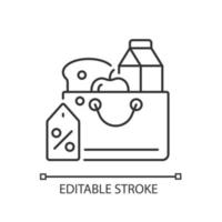 Lineares Symbol für reduzierte Lebensmittelpreise. Lebensmittelrabatte. Produkte zu niedrigen Preisen kaufen. dünne linie anpassbare illustration. Kontursymbol. Vektor isoliert Umrisszeichnung. editierbarer Strich