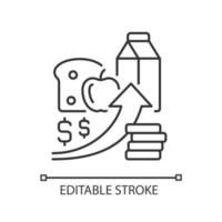 Lineares Symbol für steigende Lebensmittelpreise. Preisinflation. Ernährungsunsicherheit und Hungergrund. dünne linie anpassbare illustration. Kontursymbol. Vektor isoliert Umrisszeichnung. editierbarer Strich