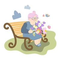 Eine Großmutter sitzt draußen auf einer Bank. Oma hält einen Blumenstrauß in der Hand und freut sich auf den Frühling. Vektor-Illustration im Cartoon-Stil auf weißem Hintergrund. für Print, Webdesign. vektor