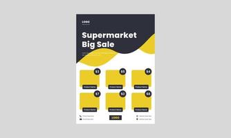 Flyer-Designvorlage für den Supermarkt-Verkauf. großer verkauf spart jetzt flyer-vorlage. super shop flyer in gelber farbe mit dem produktkatalog.